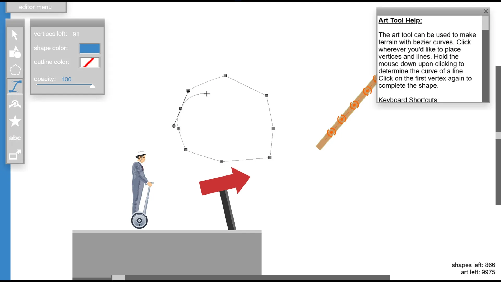 Official Happy Wheels screenshot of the level editor with the art tool panel open